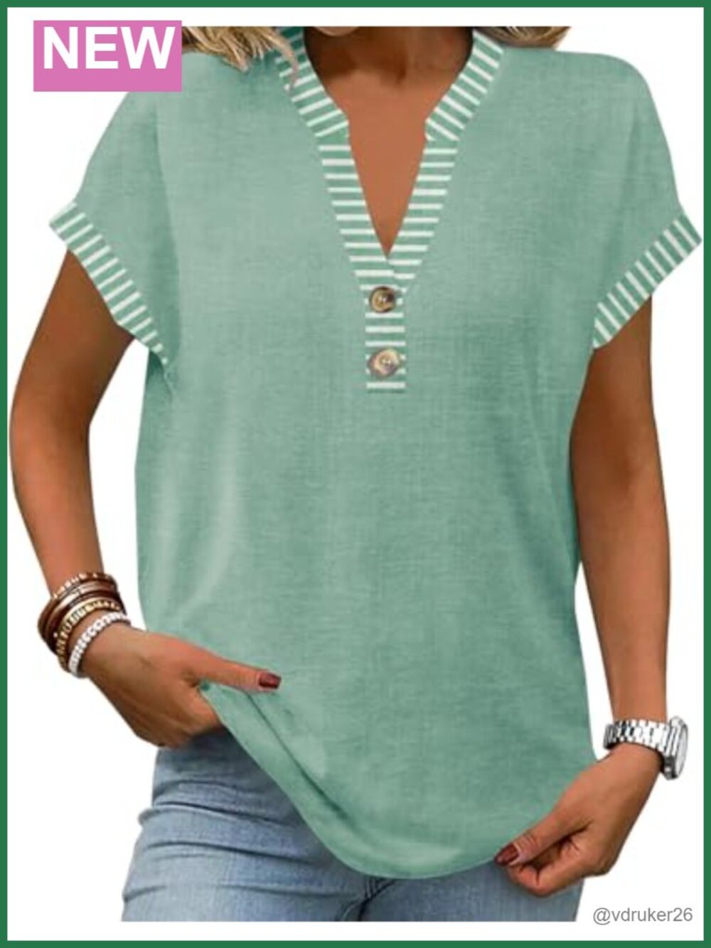 Womens Henley V Neck Button Short Sleeve Tunic Top Casual Blouse